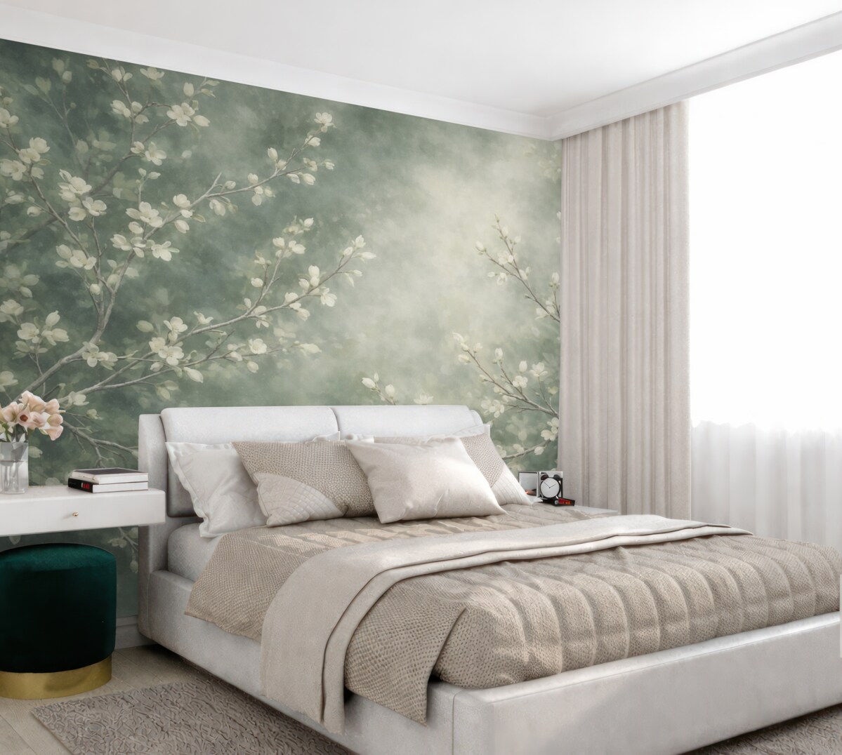 Fototapeta Minimalistyczny, ręcznie malowany wzór tapety z delikatnymi białymi gałązkami drzew z subtelnymi liś