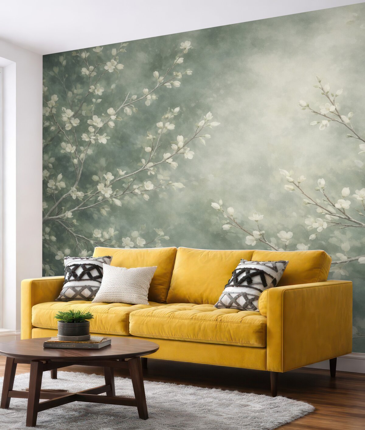 Fototapeta Minimalistyczny, ręcznie malowany wzór tapety z delikatnymi białymi gałązkami drzew z subtelnymi liś