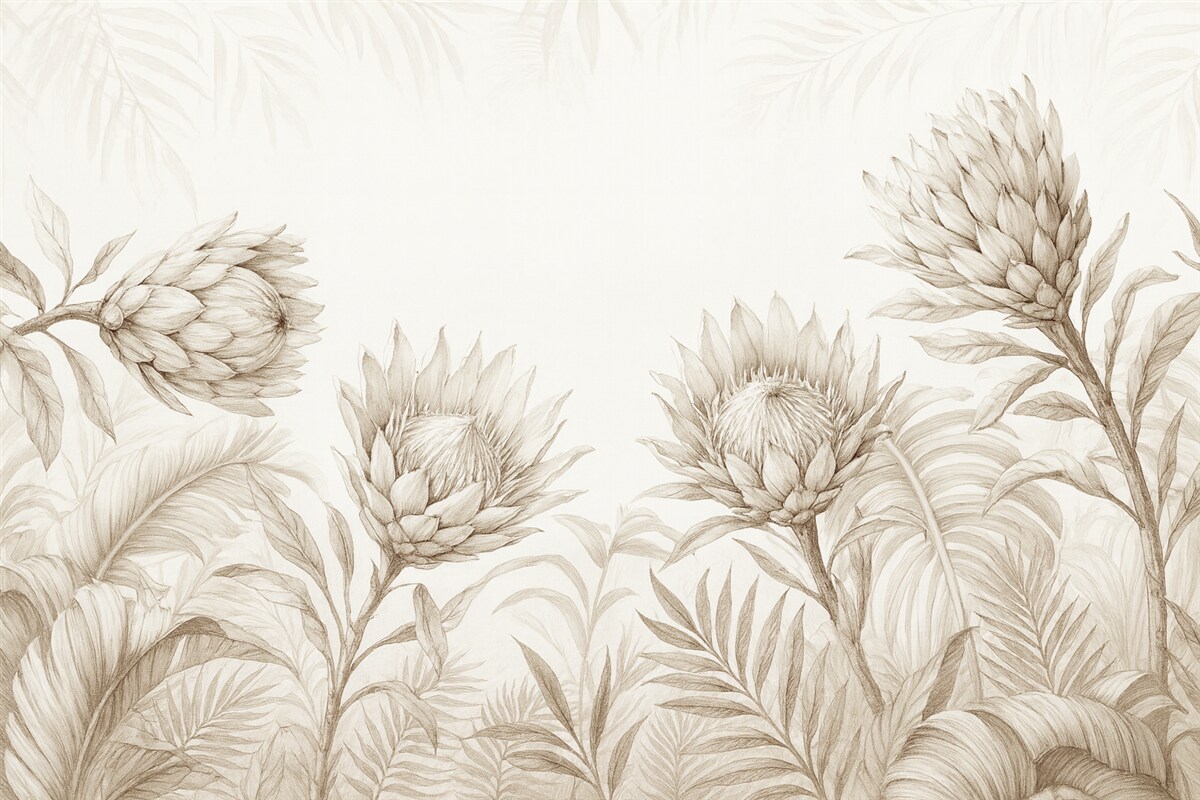 Fototapeta Protea pośród tropikalnych liści, tonacje beżu.