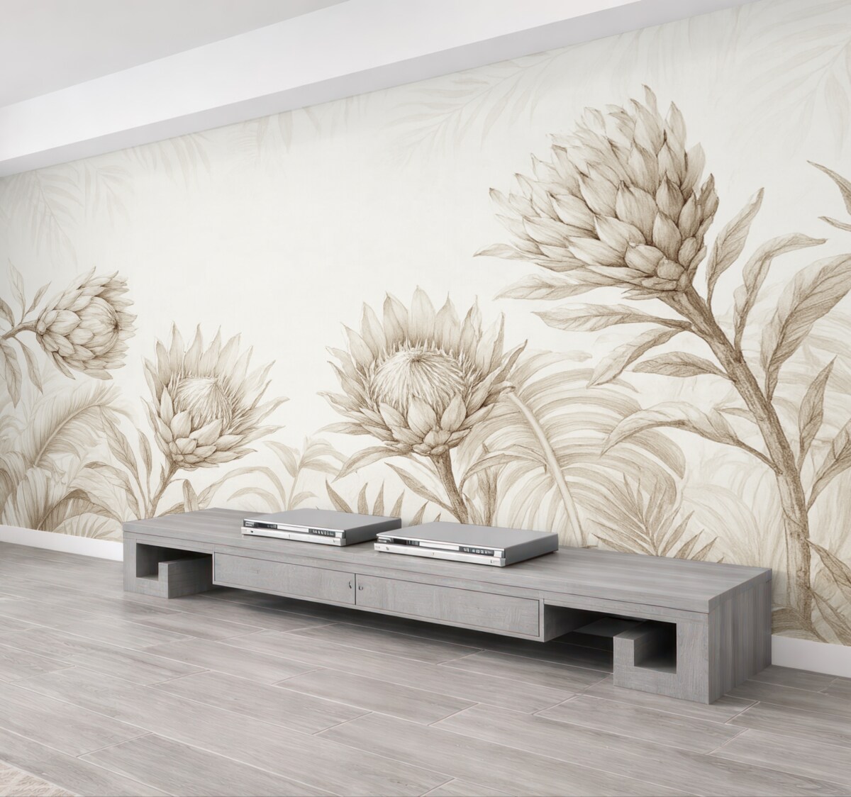 Fototapeta Protea pośród tropikalnych liści, tonacje beżu.