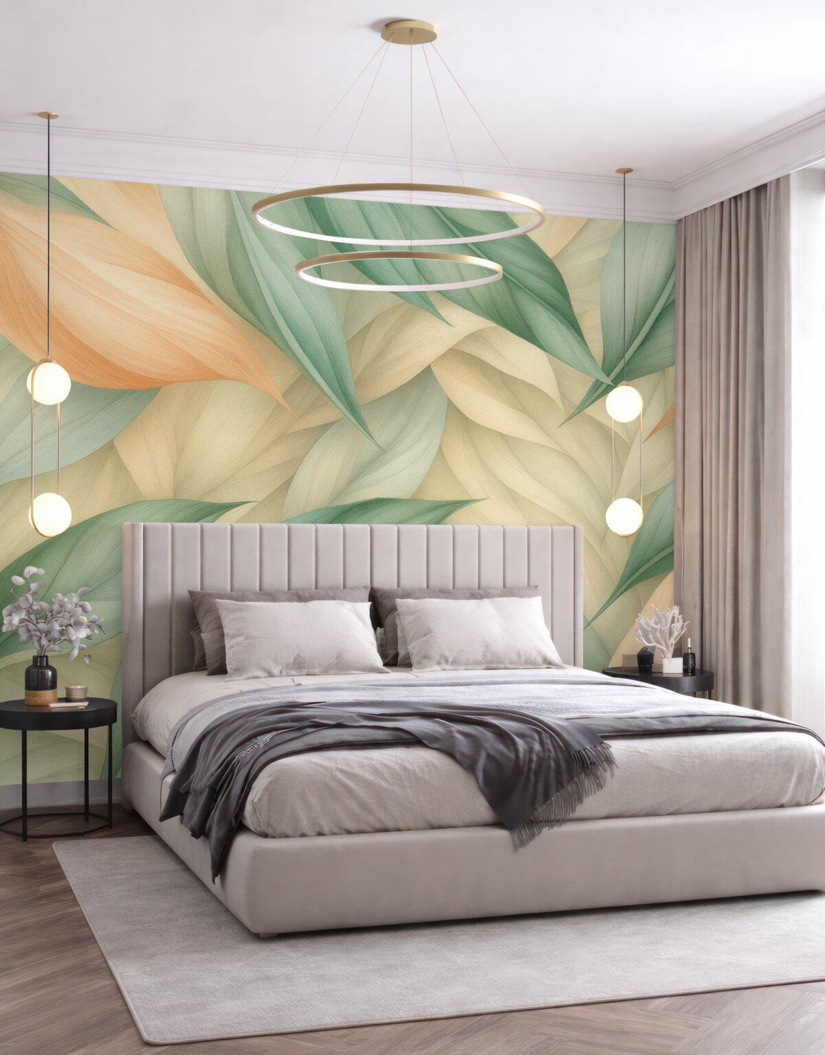 Fototapeta Egzotyczne tropikalne liście w subtelnych brzoskwiniowych i zielonych tonach.