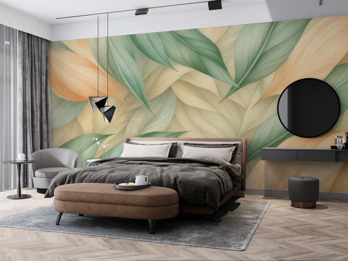 Fototapeta Egzotyczne tropikalne liście w subtelnych brzoskwiniowych i zielonych tonach.