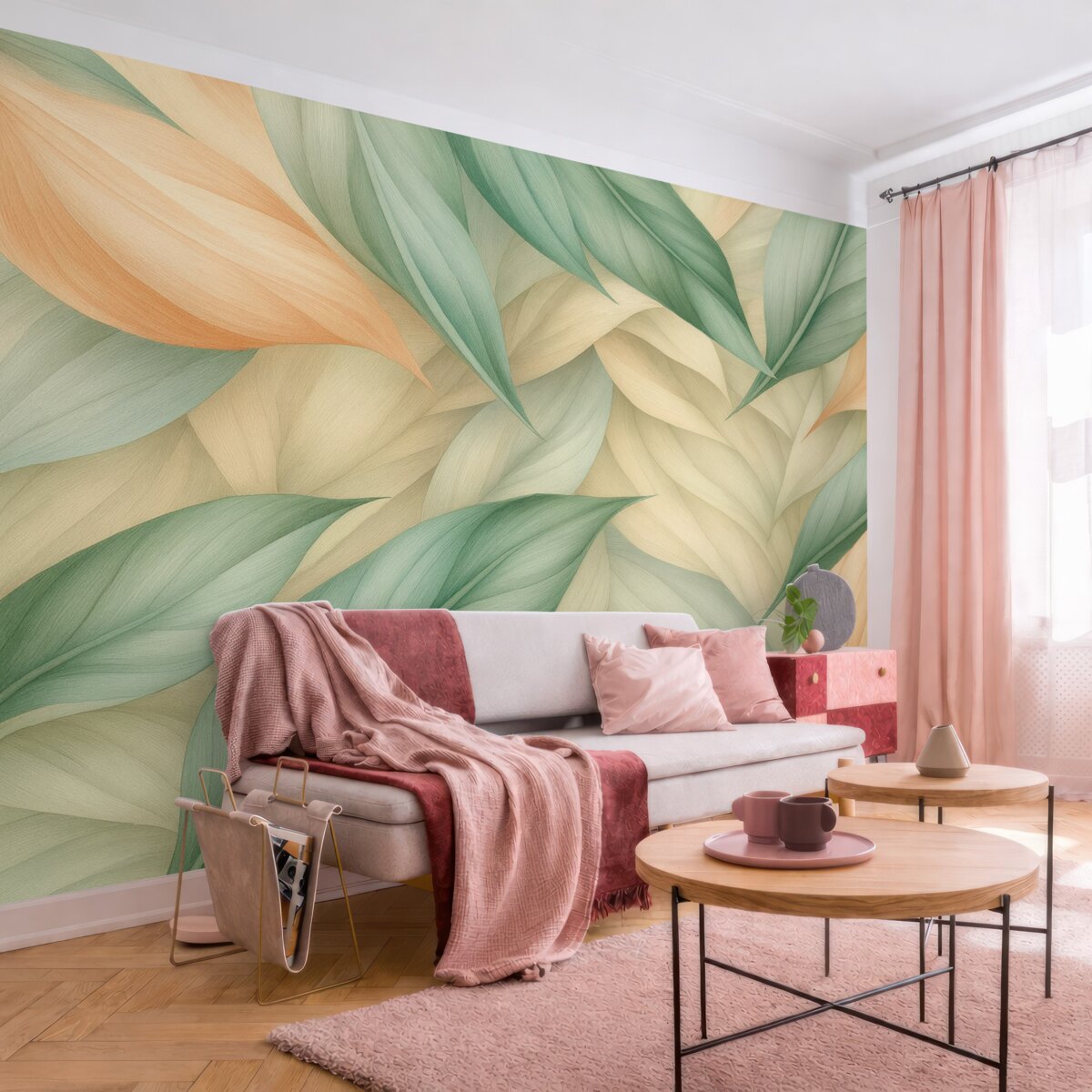 Fototapeta Egzotyczne tropikalne liście w subtelnych brzoskwiniowych i zielonych tonach.