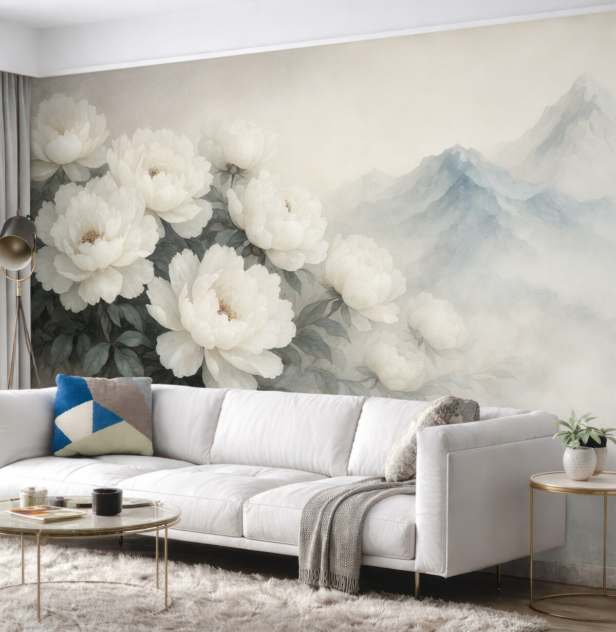 Fototapeta malownicze białe piwonie na tle zamglonych gór