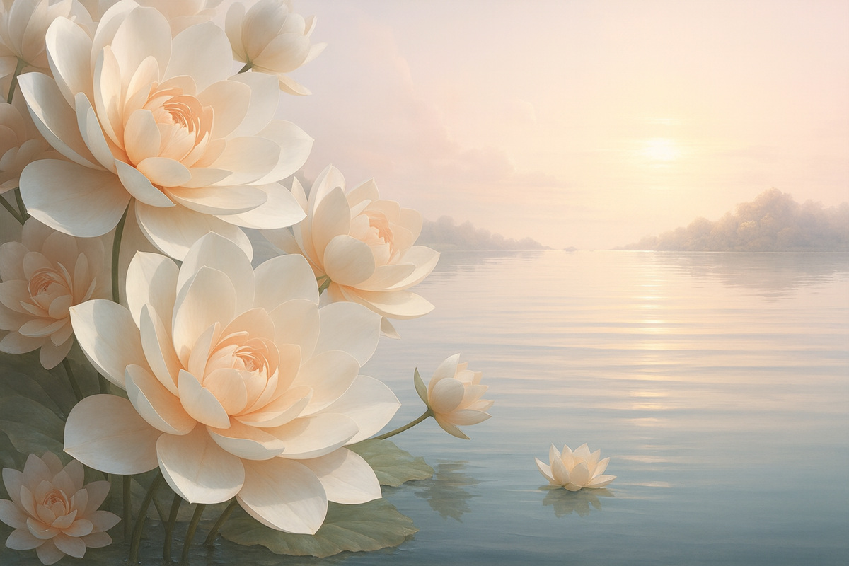 Fototapeta Pastelowe lilie na wodzie pod wieczornym niebem.