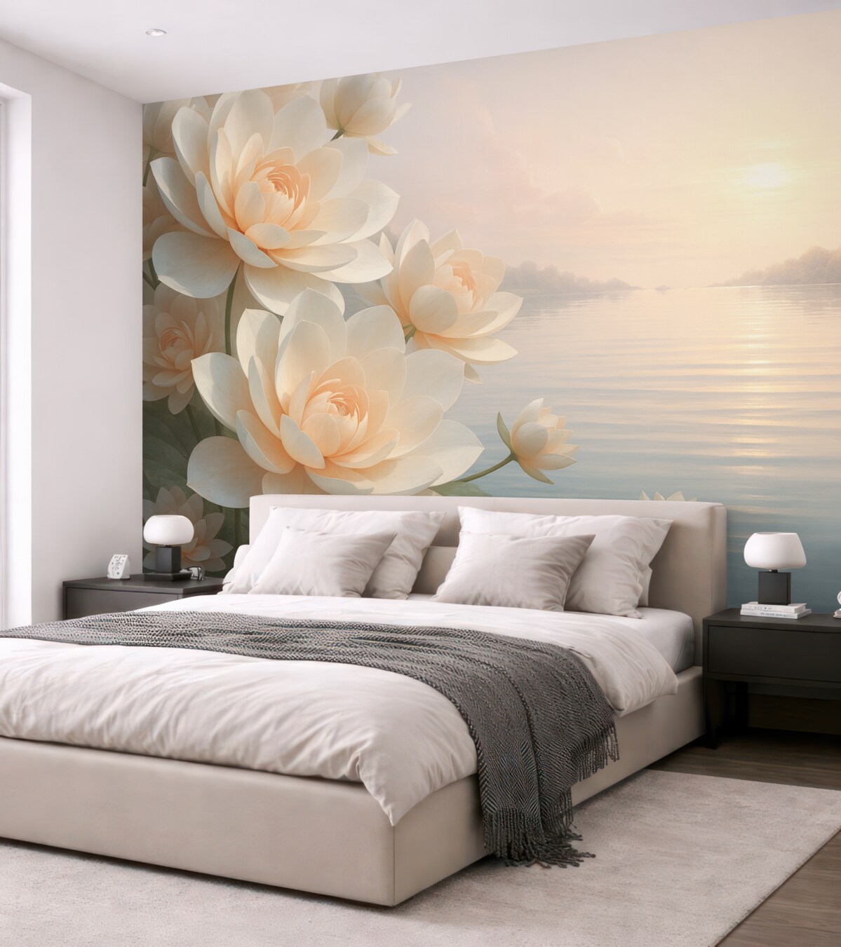 Fototapeta Pastelowe lilie na wodzie pod wieczornym niebem.