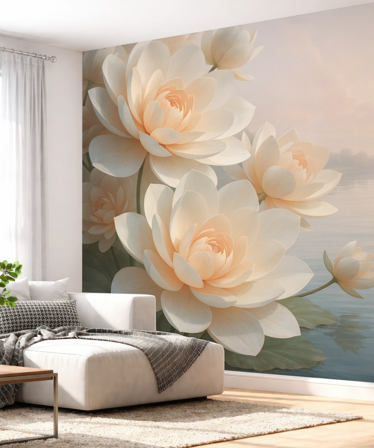 Fototapeta Pastelowe lilie na wodzie pod wieczornym niebem.