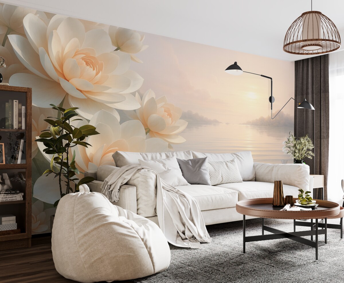 Fototapeta Pastelowe lilie na wodzie pod wieczornym niebem.