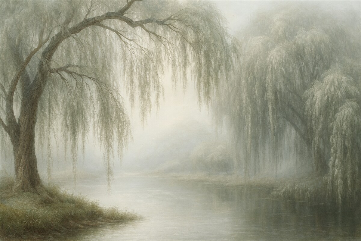 Fototapeta Mistyczny brzeg wierzby w porannej mżawce.