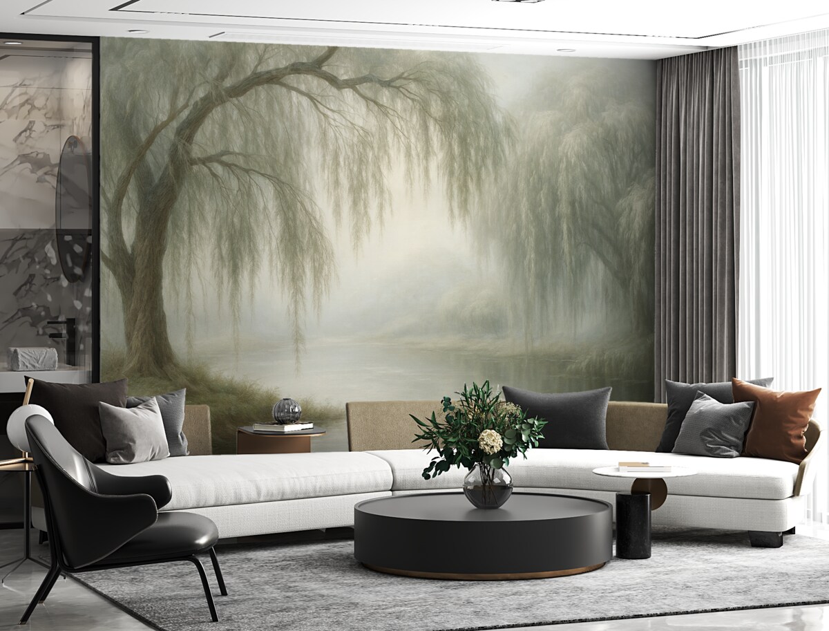 Fototapeta Mistyczny brzeg wierzby w porannej mżawce.