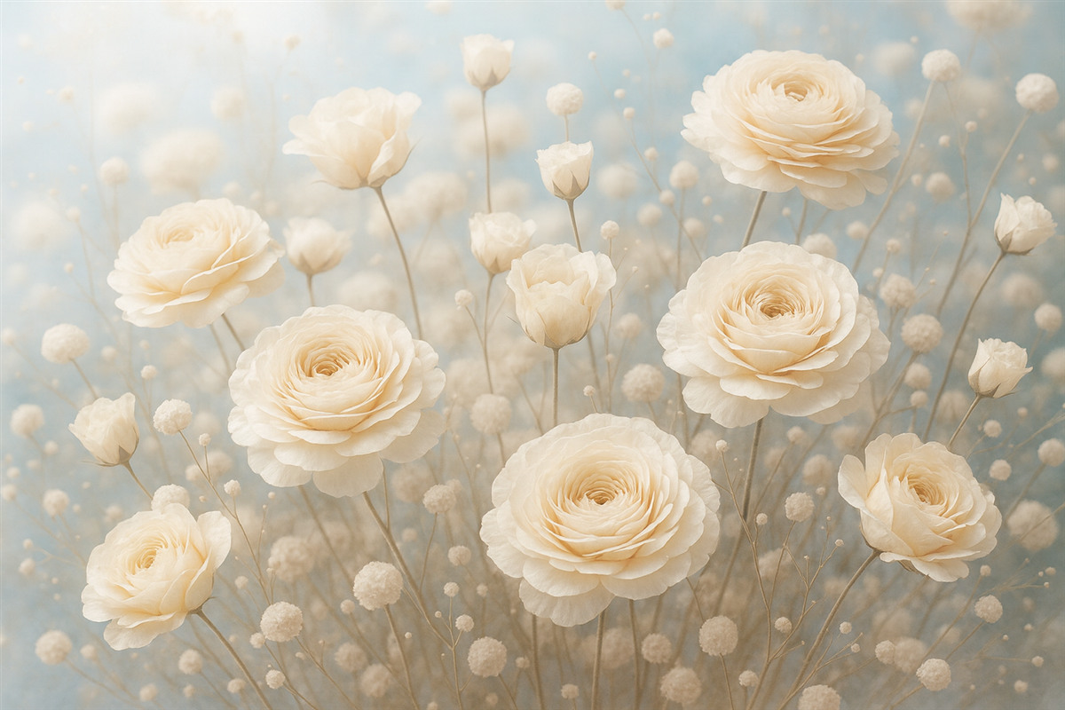 Fototapeta Subtelne kremowe różyczki na jasnoniebieskim tle.