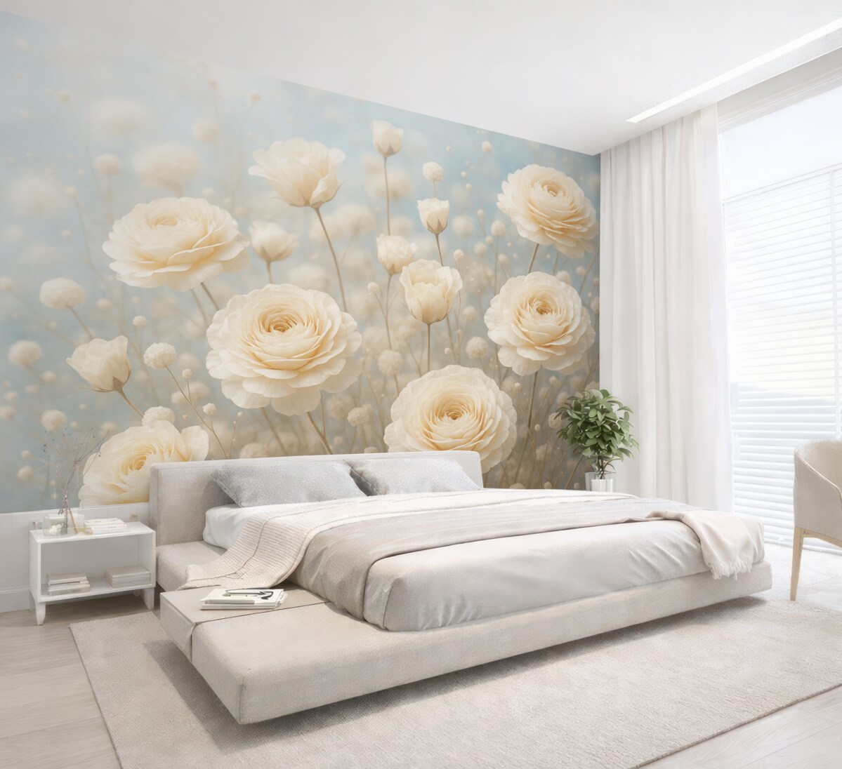 Fototapeta Subtelne kremowe różyczki na jasnoniebieskim tle.