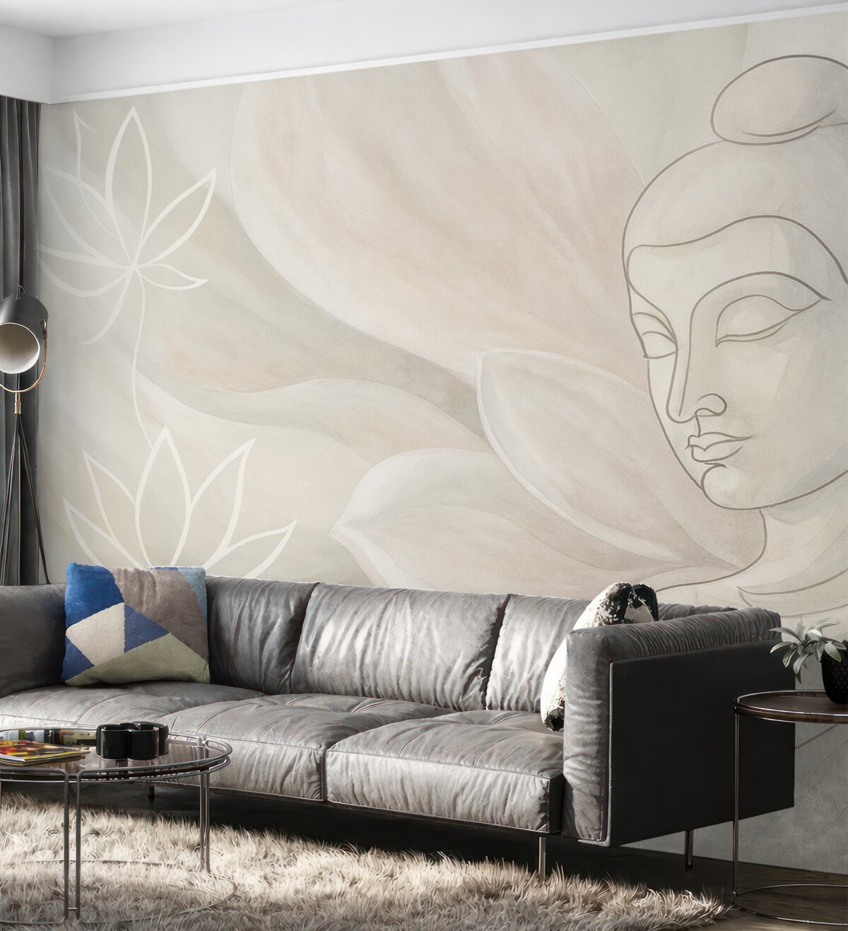 Fototapeta Kwiatowa abstrakcja z ilustracją Buddy, odcienie beżu.