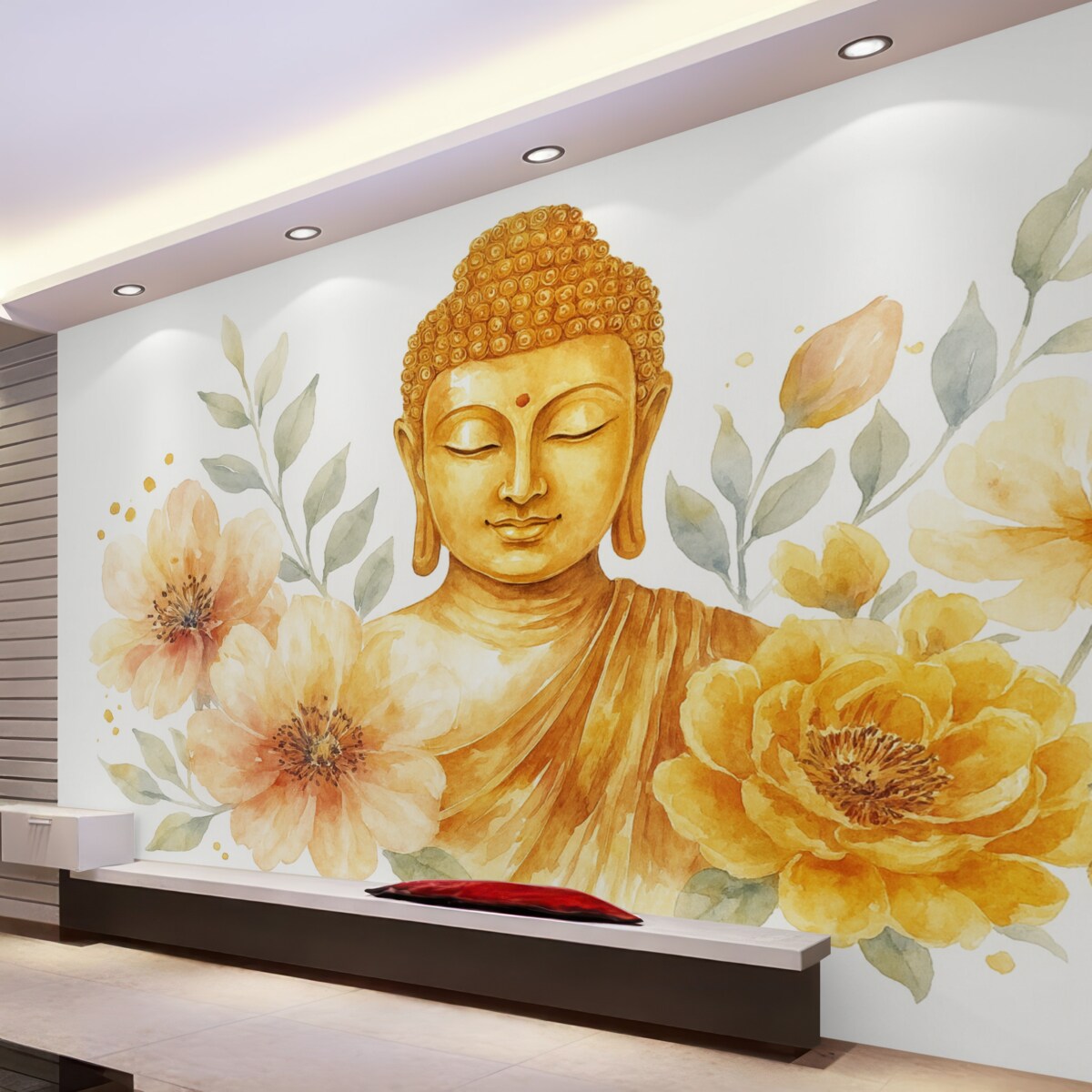 Fototapeta Akwarela Buddy z kwiatami, mistyczna, pomarańczowa gama barw.