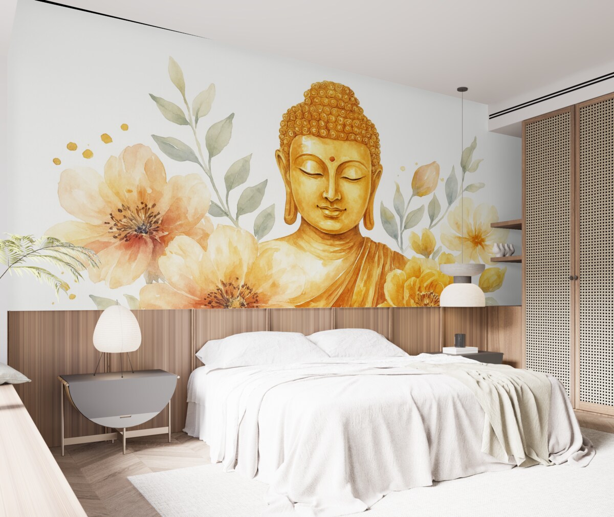 Fototapeta Akwarela Buddy z kwiatami, mistyczna, pomarańczowa gama barw.