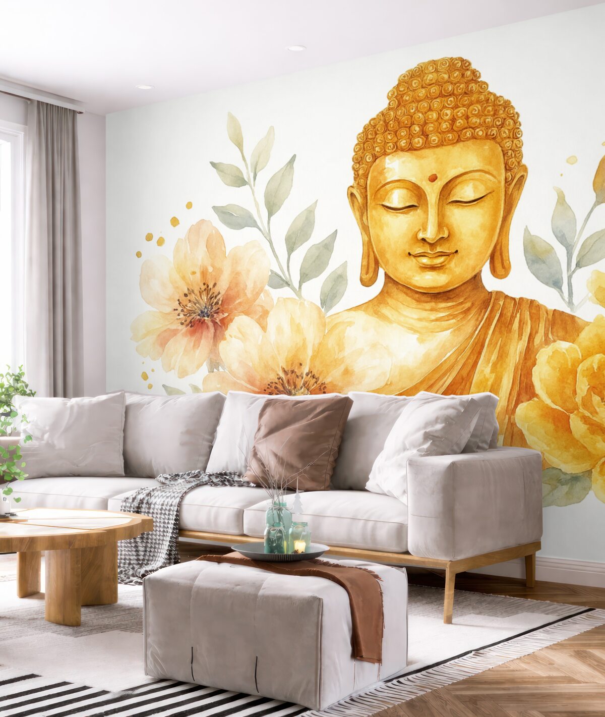 Fototapeta Akwarela Buddy z kwiatami, mistyczna, pomarańczowa gama barw.