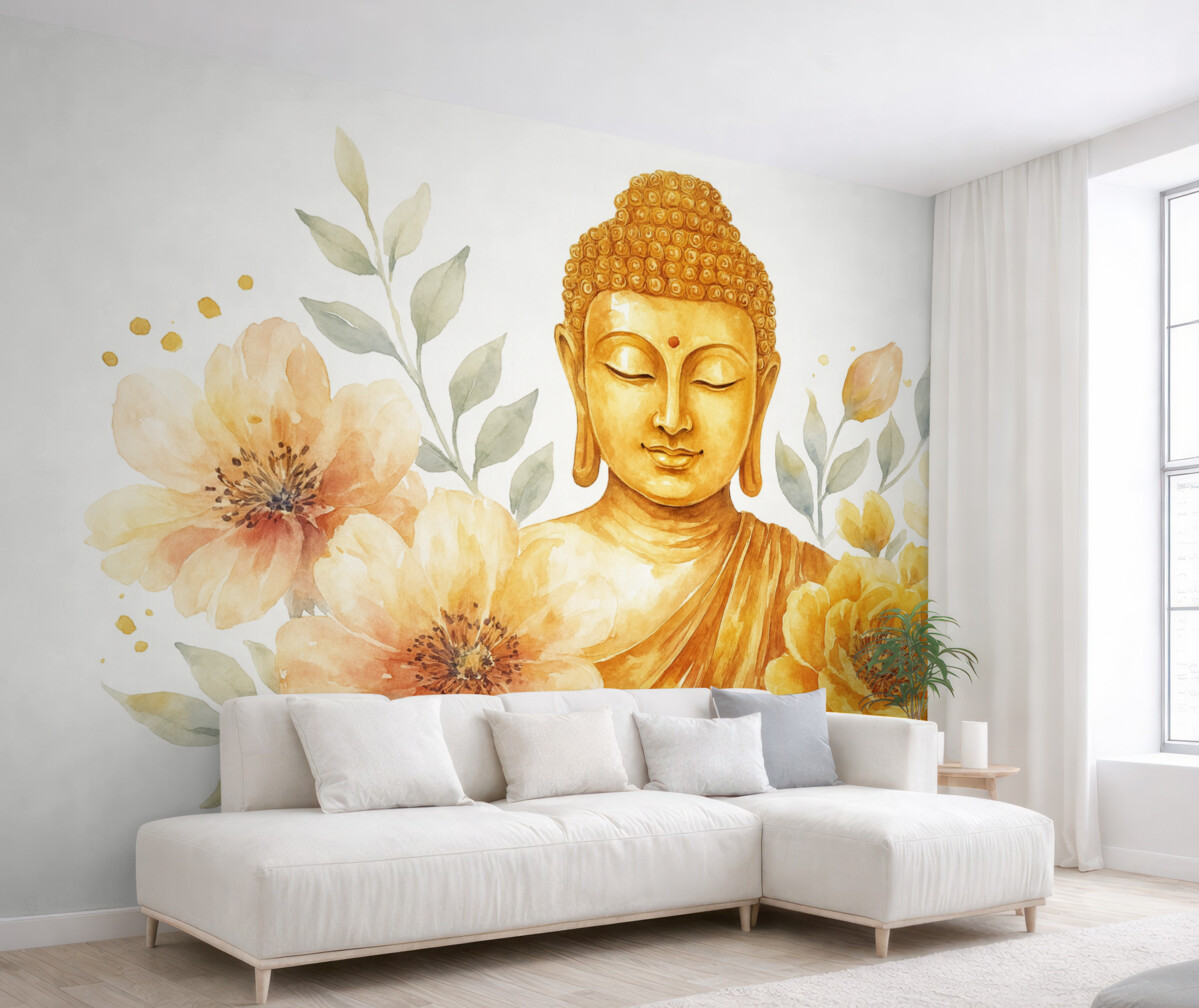 Fototapeta Akwarela Buddy z kwiatami, mistyczna, pomarańczowa gama barw.