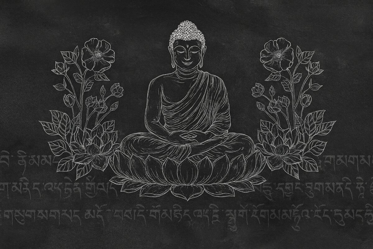 Fototapeta Medytujący Budda z kwiatami lotosu, rysunek liniowy, orientalny, ciemna koncepcja.