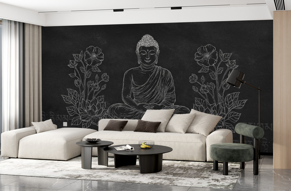 Fototapeta Medytujący Budda z kwiatami lotosu, rysunek liniowy, orientalny, ciemna koncepcja.