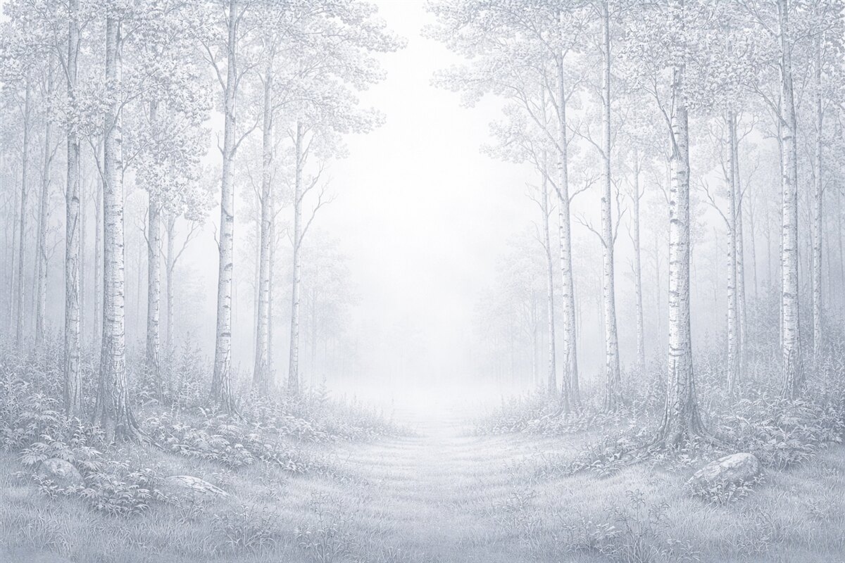 Fototapeta Brzozowy las, prostota, przyroda, niebieska gama barw.