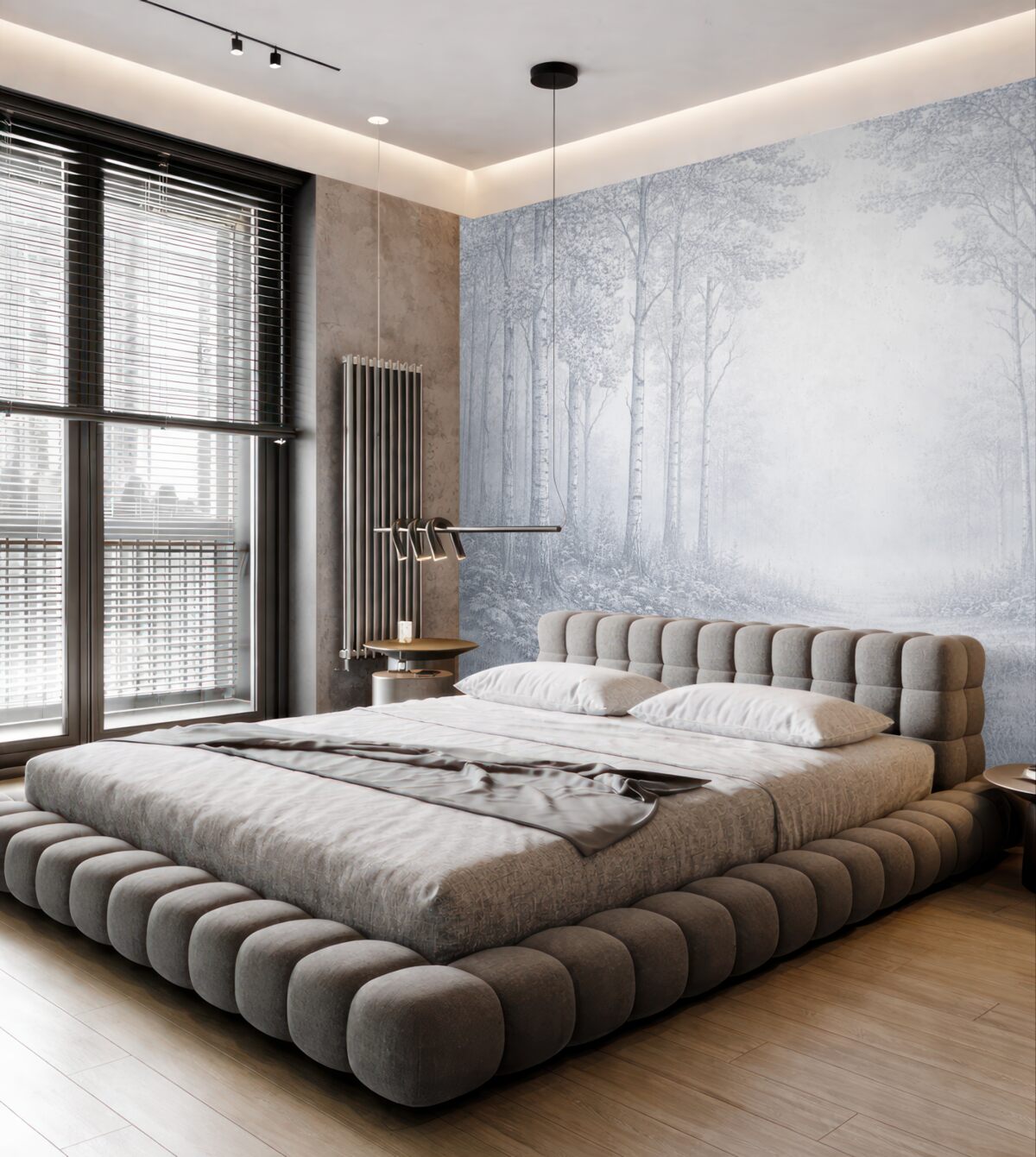 Fototapeta Brzozowy las, prostota, przyroda, niebieska gama barw.