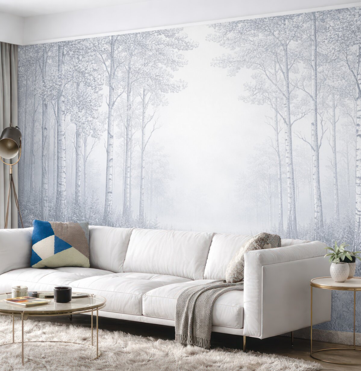 Fototapeta Brzozowy las, prostota, przyroda, niebieska gama barw.