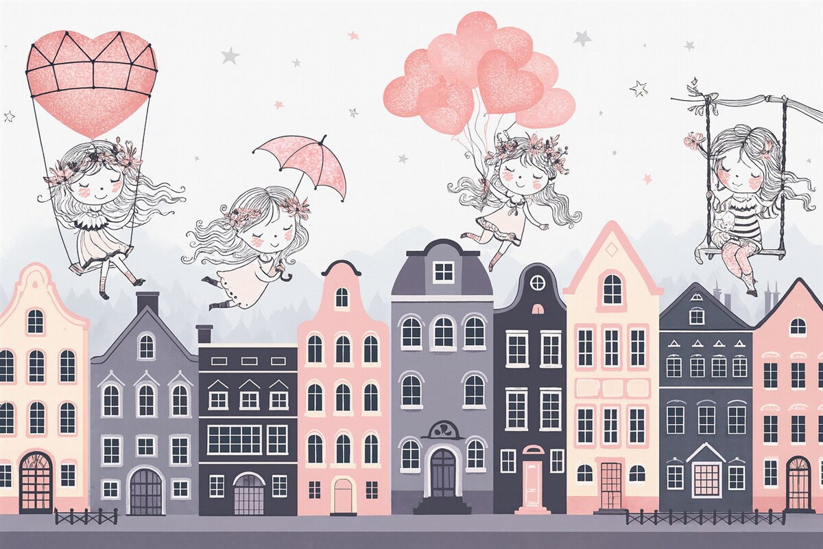 Fototapeta Miejski krajobraz z urokliwymi dziewczętami.