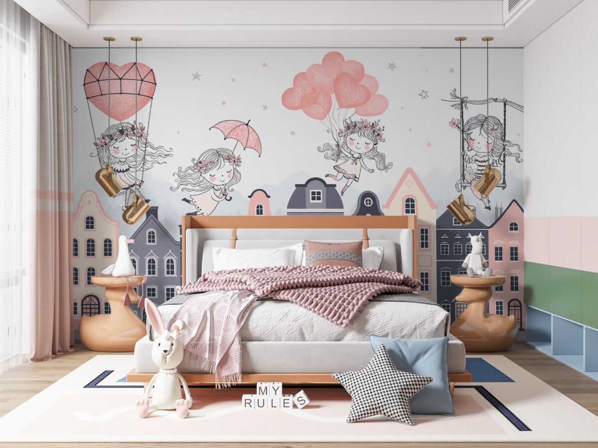 Fototapeta Miejski krajobraz z urokliwymi dziewczętami.