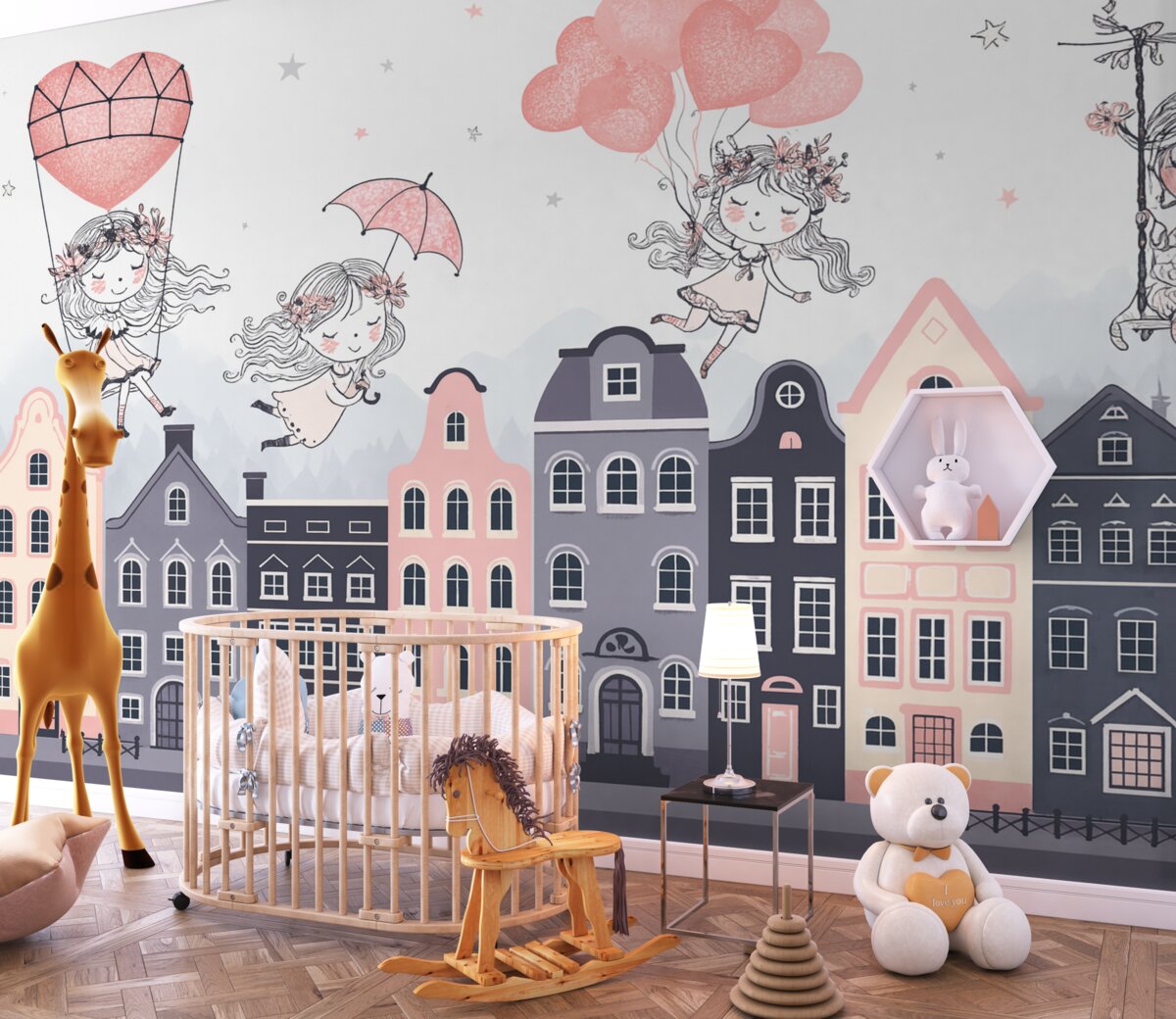 Fototapeta Miejski krajobraz z urokliwymi dziewczętami.