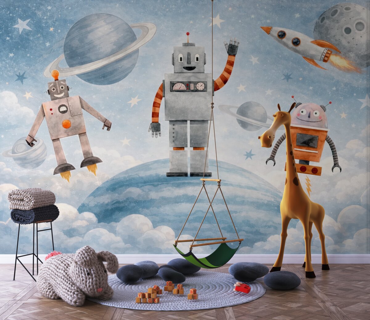 Fototapeta Roboty w przestrzeni kosmicznej w stylu akwarelowym.