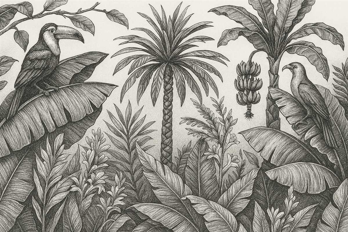 Fototapeta Tropikalny rysunek konturowy, banany, palmy, grafika liniowa.