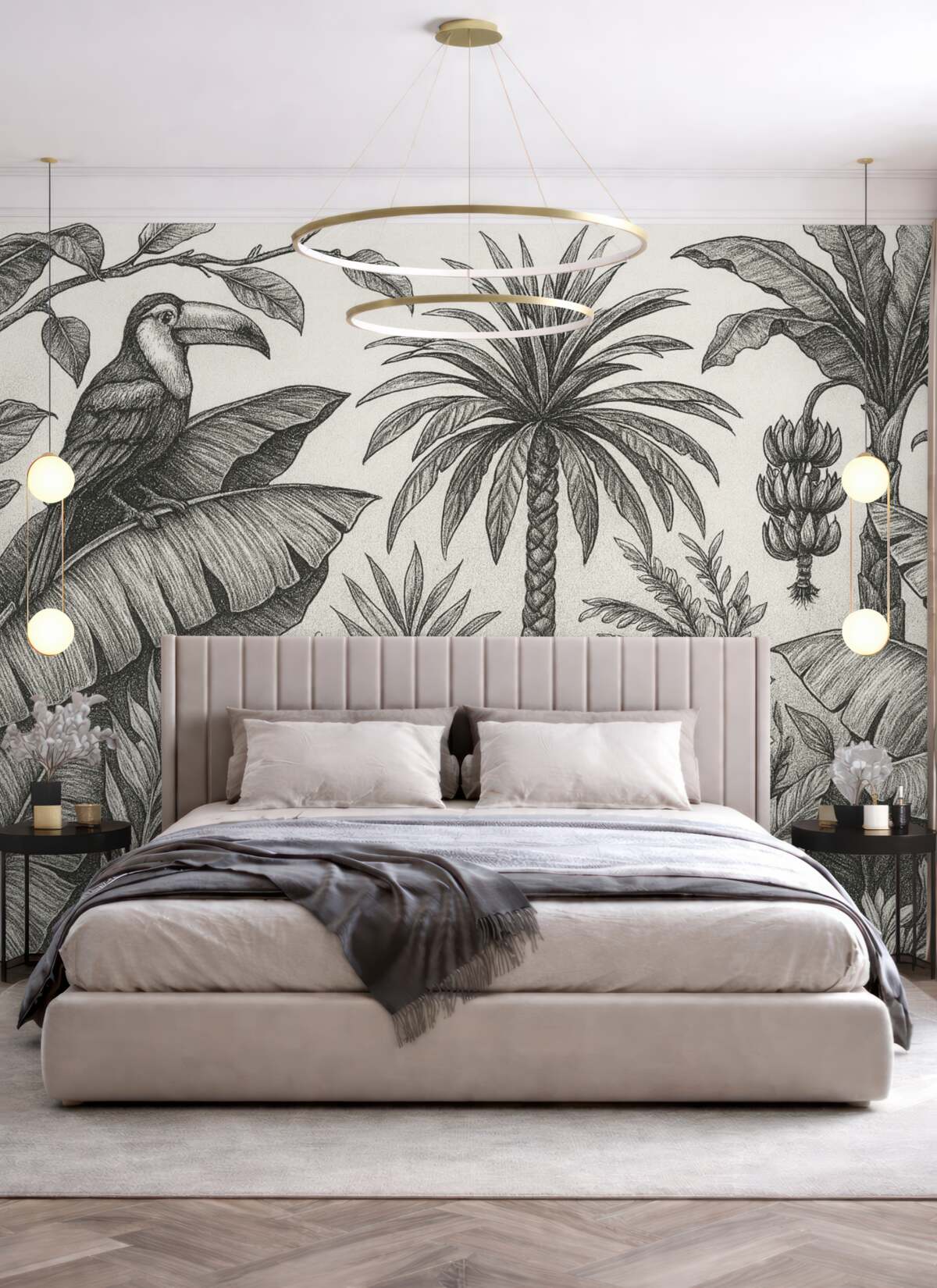 Fototapeta Tropikalny rysunek konturowy, banany, palmy, grafika liniowa.