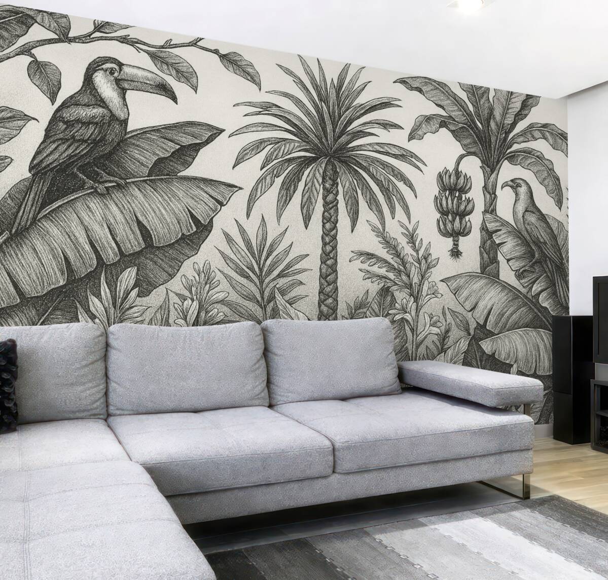 Fototapeta Tropikalny rysunek konturowy, banany, palmy, grafika liniowa.