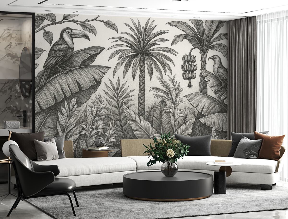 Fototapeta Tropikalny rysunek konturowy, banany, palmy, grafika liniowa.