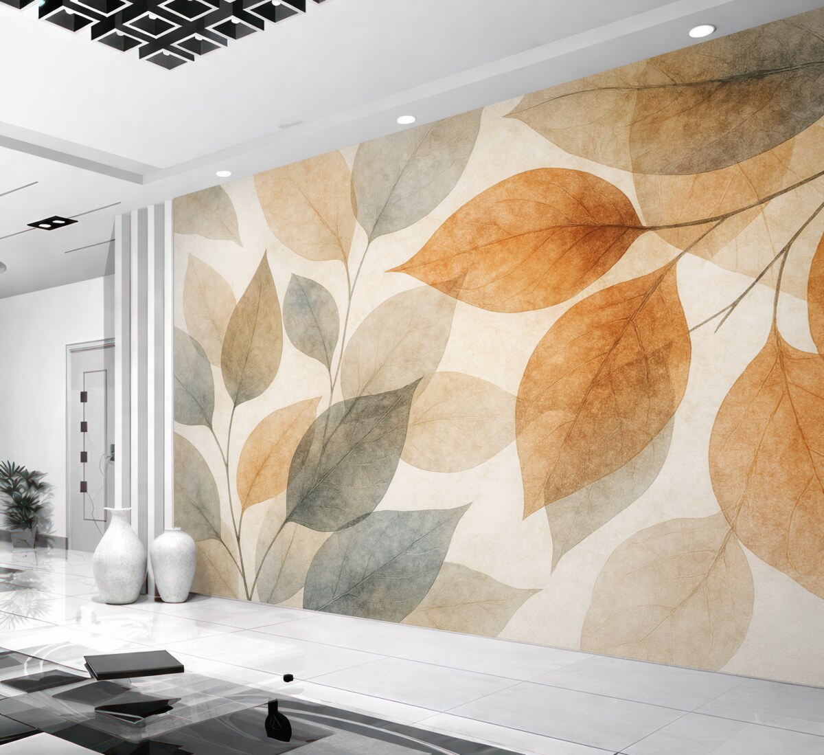 Fototapeta Liście akwarelowe w tonacjach sepii i szarości.