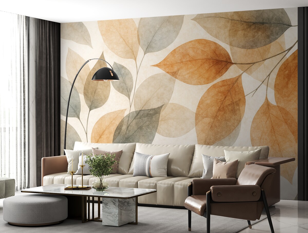 Fototapeta Liście akwarelowe w tonacjach sepii i szarości.