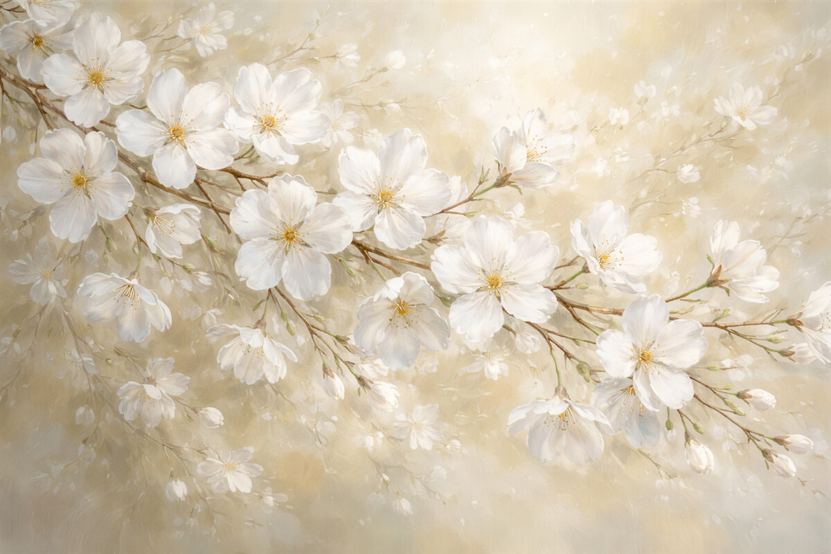 Fototapeta subtelna kwitnąca gałązka moreli w stylu malarstwa olejnego w pastelowych odcieniach