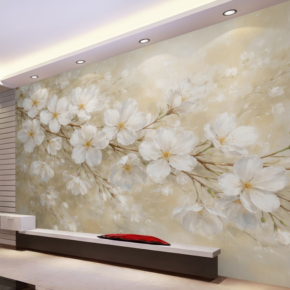 Fototapeta subtelna kwitnąca gałązka moreli w stylu malarstwa olejnego w pastelowych odcieniach