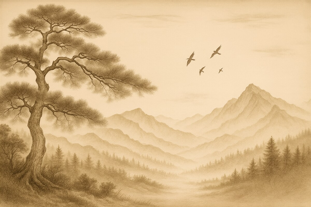 Fototapeta widok wzgórz z dużym drzewem w odcieniach sepii