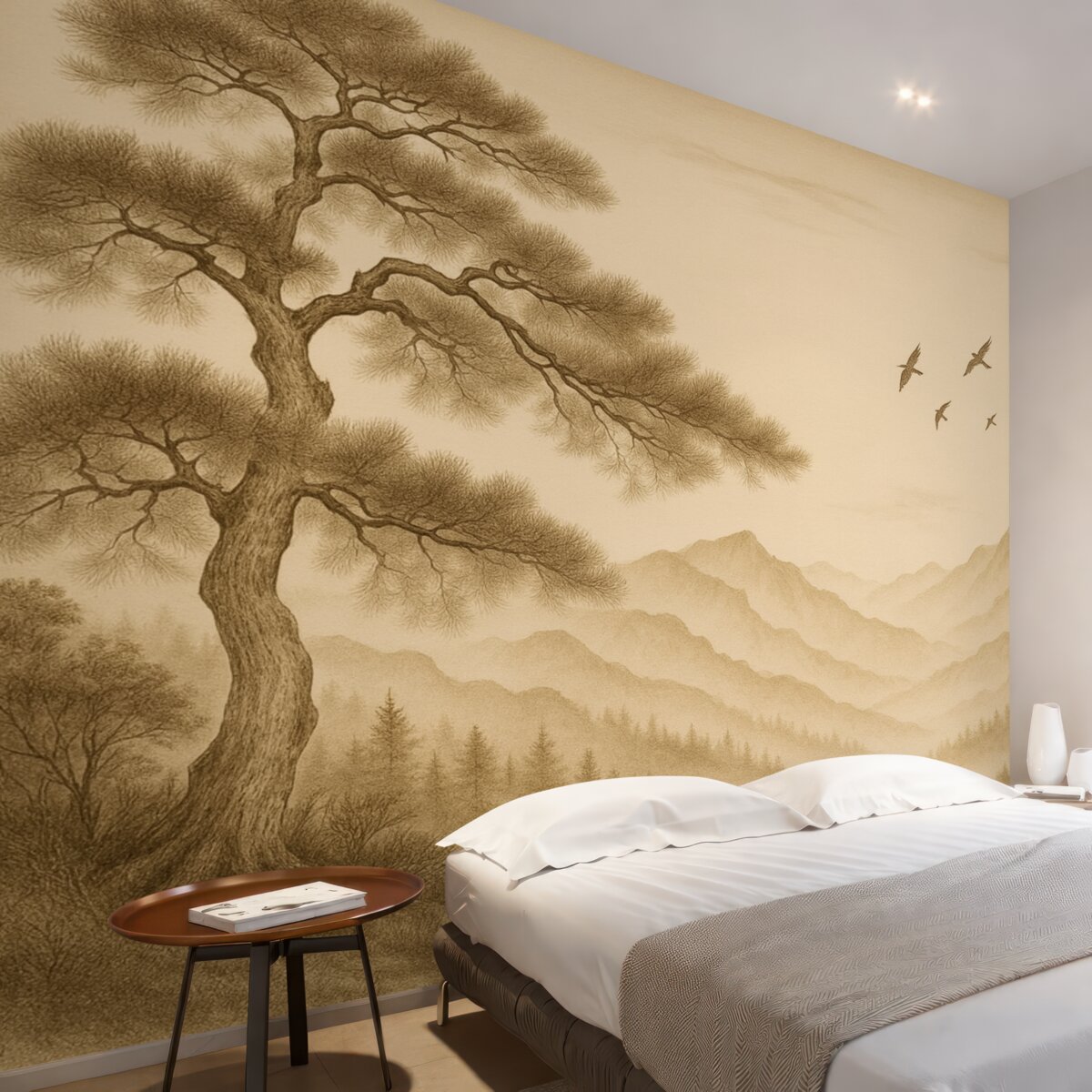 Fototapeta widok wzgórz z dużym drzewem w odcieniach sepii