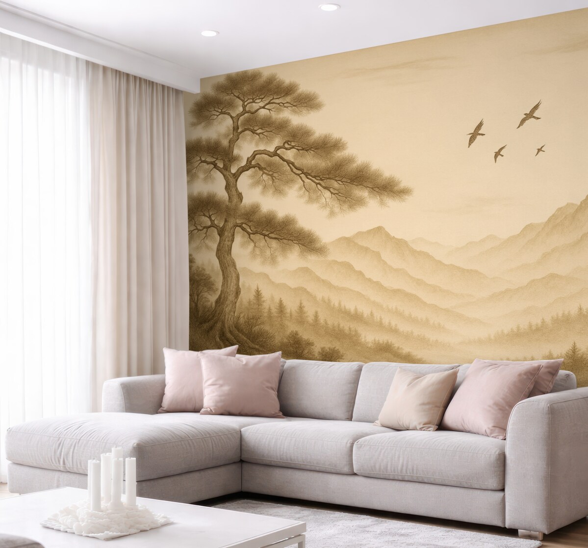 Fototapeta widok wzgórz z dużym drzewem w odcieniach sepii