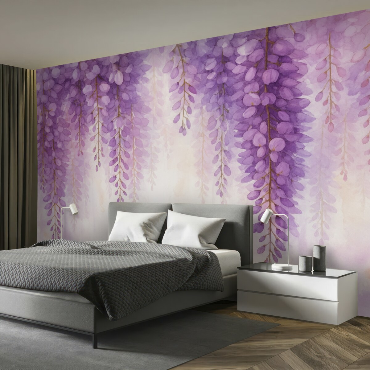 Fototapeta Subtelna kompozycja akwarelowa z kaskadową glicynią w pastelowych lawendowych i różowych tonacjach, kreująca relaksujący klimat.