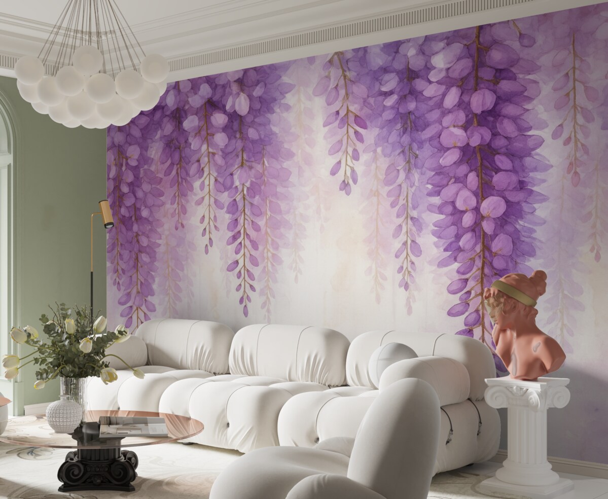 Fototapeta Subtelna kompozycja akwarelowa z kaskadową glicynią w pastelowych lawendowych i różowych tonacjach, kreująca relaksujący klimat.