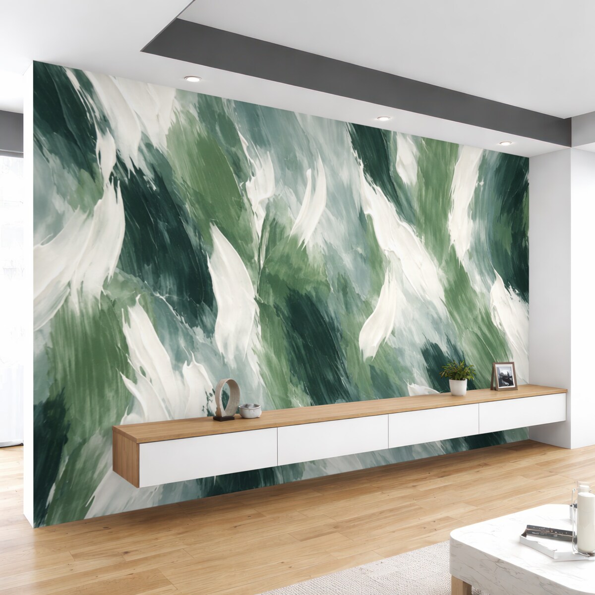 Fototapeta Abstrakcyjna faktura śmiałych zielonych i kremowych smug pędzla, przywołująca rytm falujących na wietrze liści oraz naturalnego ruchu.