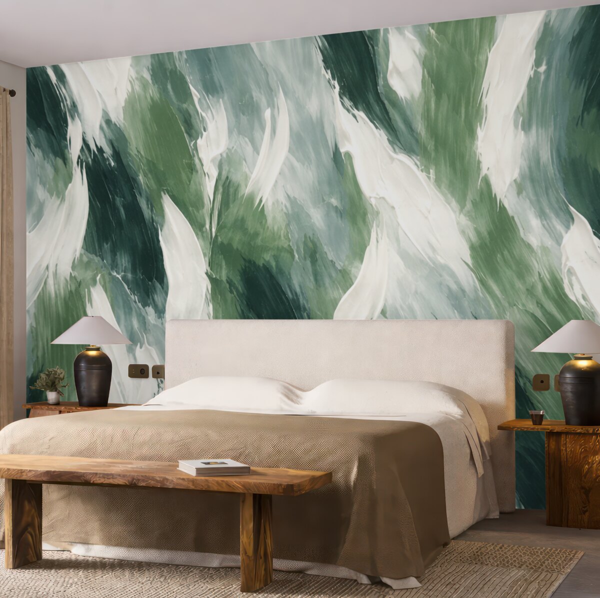 Fototapeta Abstrakcyjna faktura śmiałych zielonych i kremowych smug pędzla, przywołująca rytm falujących na wietrze liści oraz naturalnego ruchu.