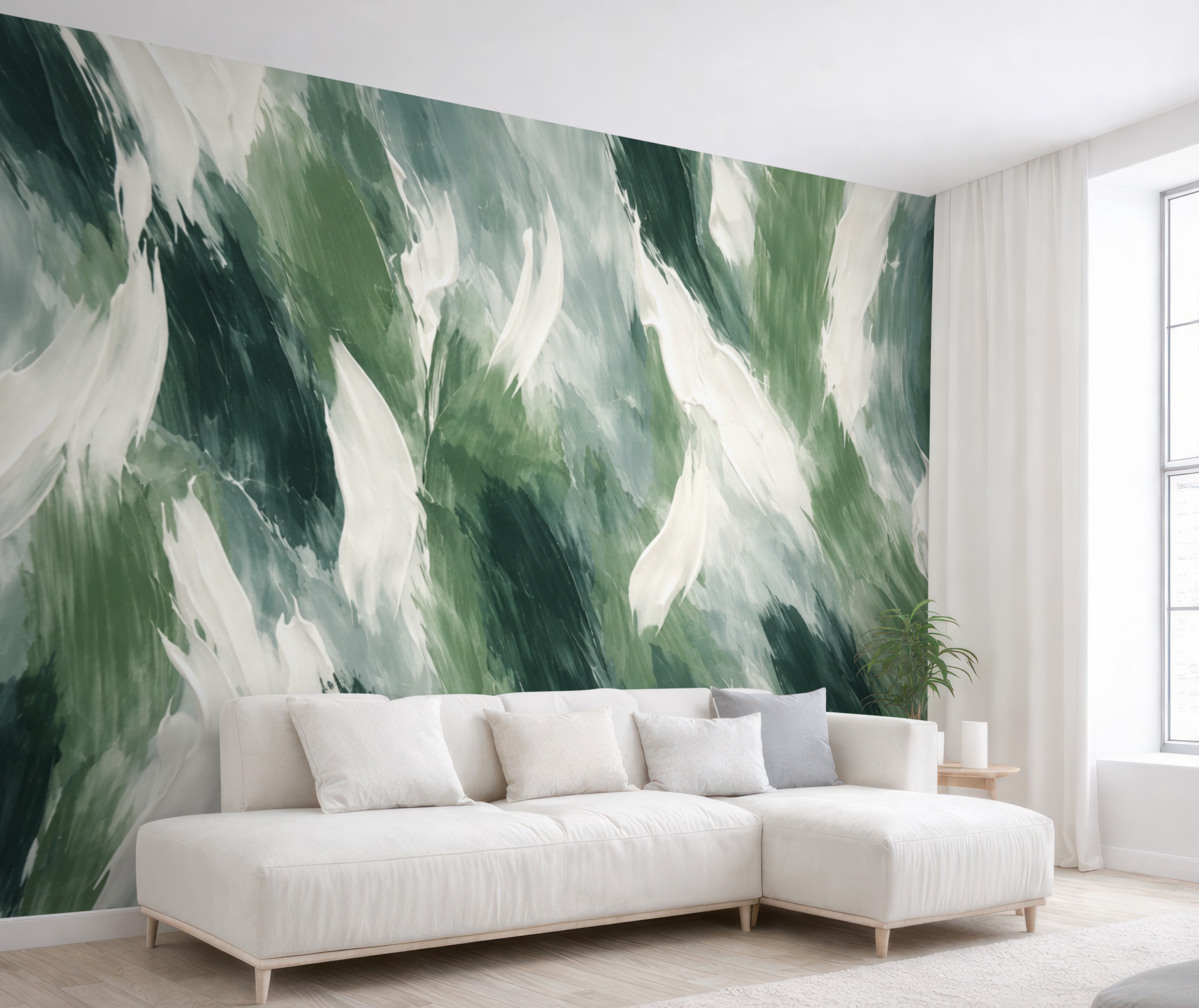 Fototapeta Abstrakcyjna faktura śmiałych zielonych i kremowych smug pędzla, przywołująca rytm falujących na wietrze liści oraz naturalnego ruchu.