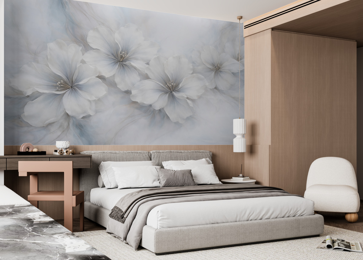 Fototapeta Obraz olejny przedstawiający kwiaty na błękitnym tle.