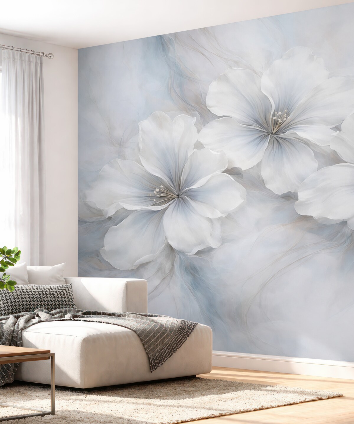 Fototapeta Obraz olejny przedstawiający kwiaty na błękitnym tle.