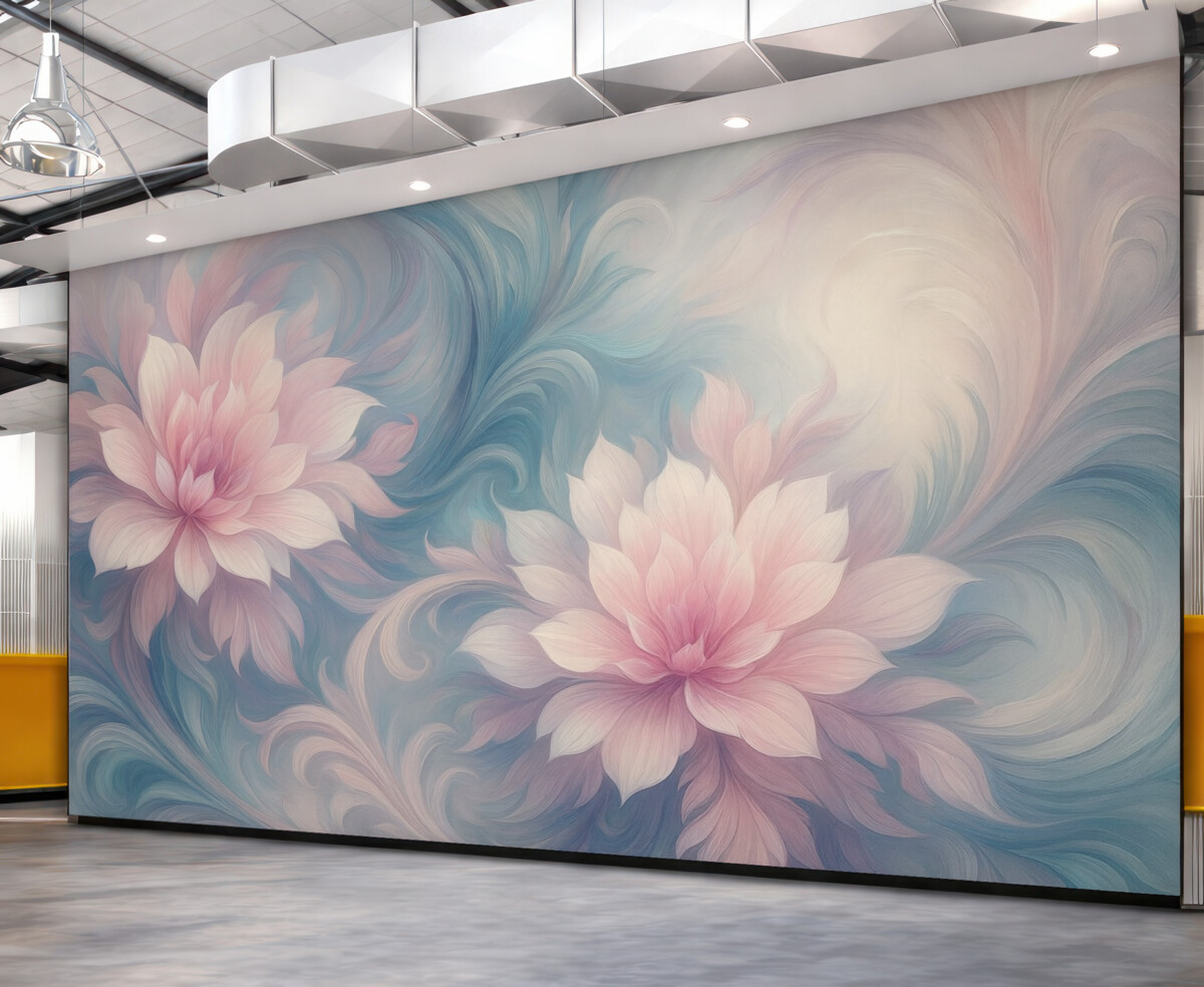 Fototapeta Kwiaty oraz liście w odcieniach różowym i niebieskim.