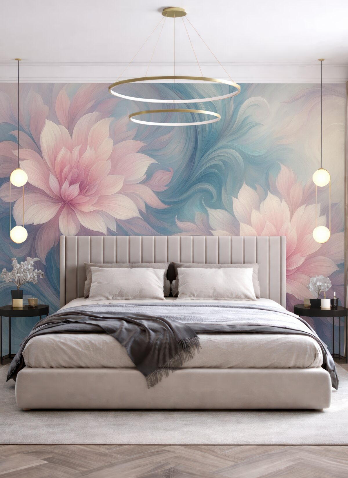 Fototapeta Kwiaty oraz liście w odcieniach różowym i niebieskim.